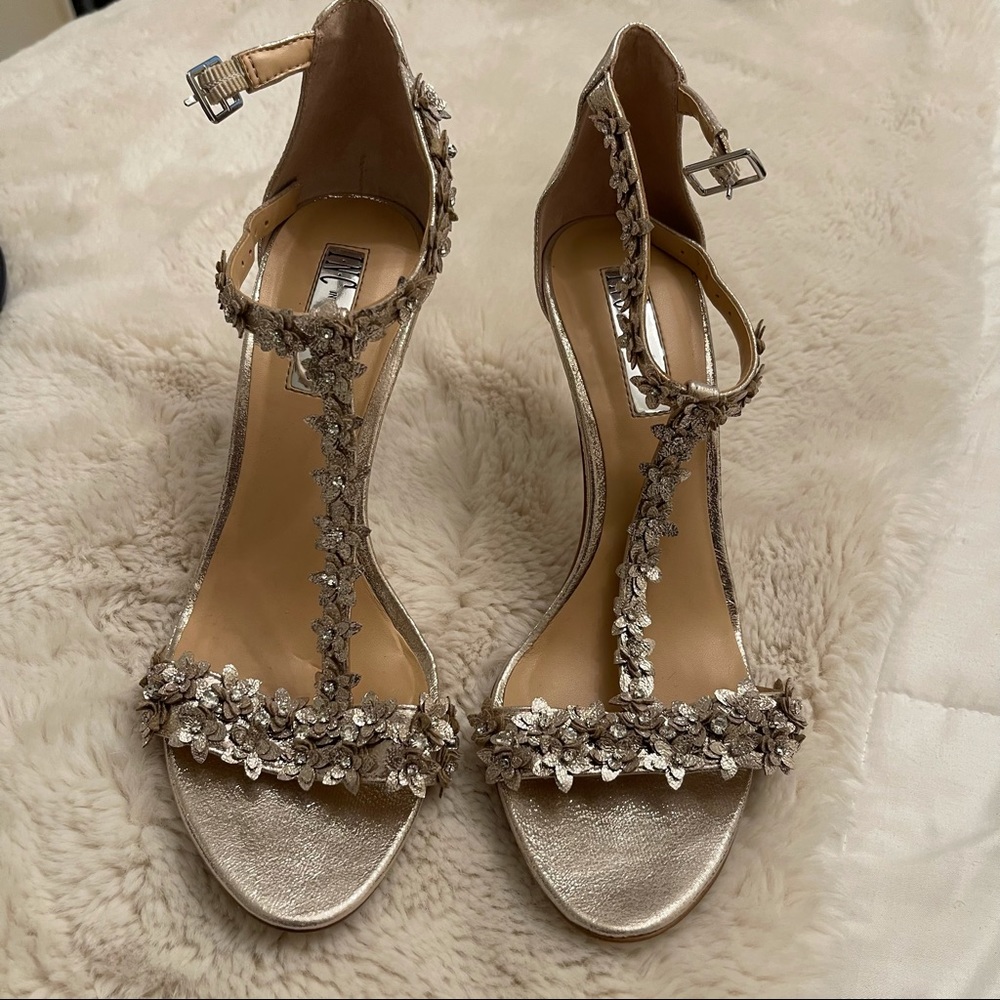 INC gold floral open toed heels